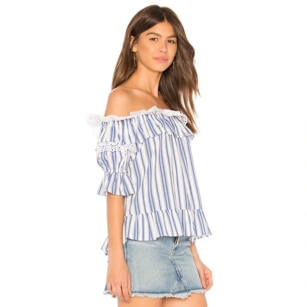 MISA Los Angeles linen off the shoulder Stripe Agot Top in Blue